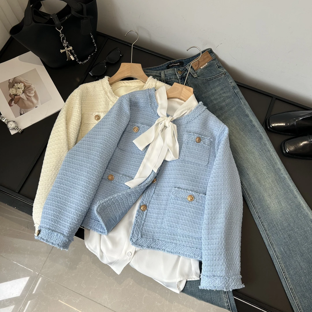 温柔气质！显瘦名媛 高级经典圆领多口袋小香风外套韩系上衣