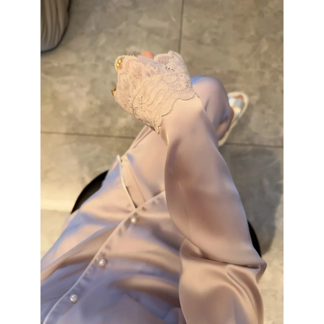 【纯欲蕾丝花边】香紫色甜美冰丝睡衣女春夏薄款长袖长裤家居服套装