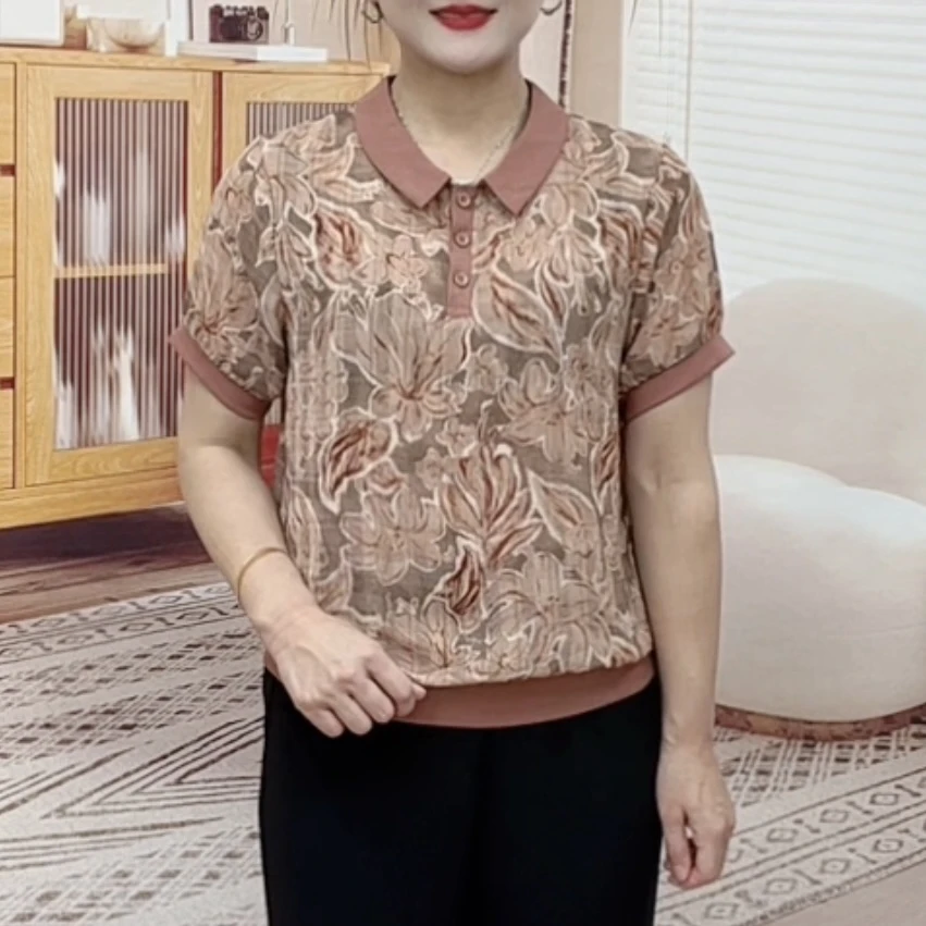 夏季新款翻领欧若大花中老年气质妈妈装时尚百搭显瘦洋气短袖上衣