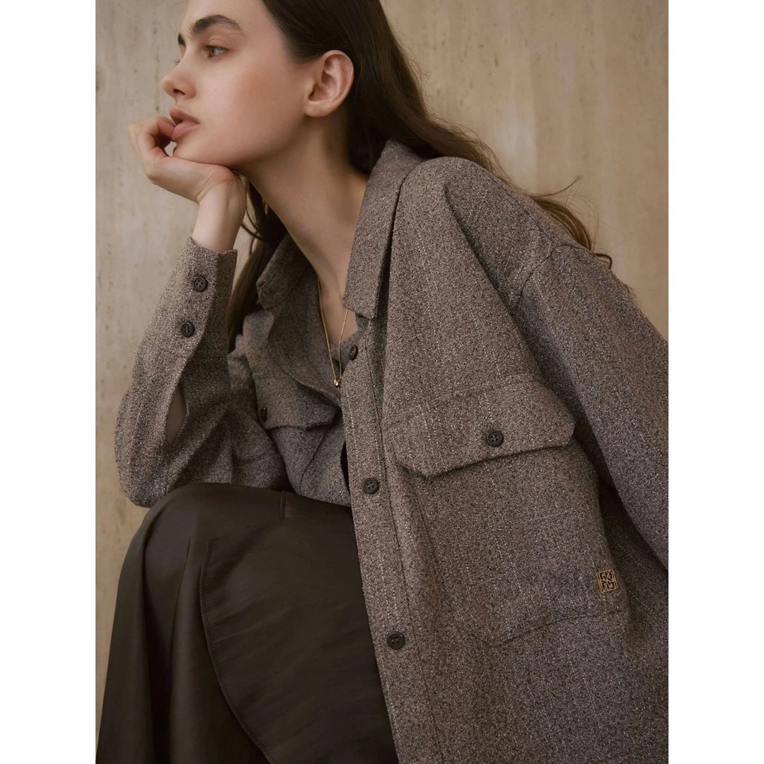 【MonTendre】秋冬新款 L 时尚老钱风金属扣设计粗花呢衬衫外套大衣