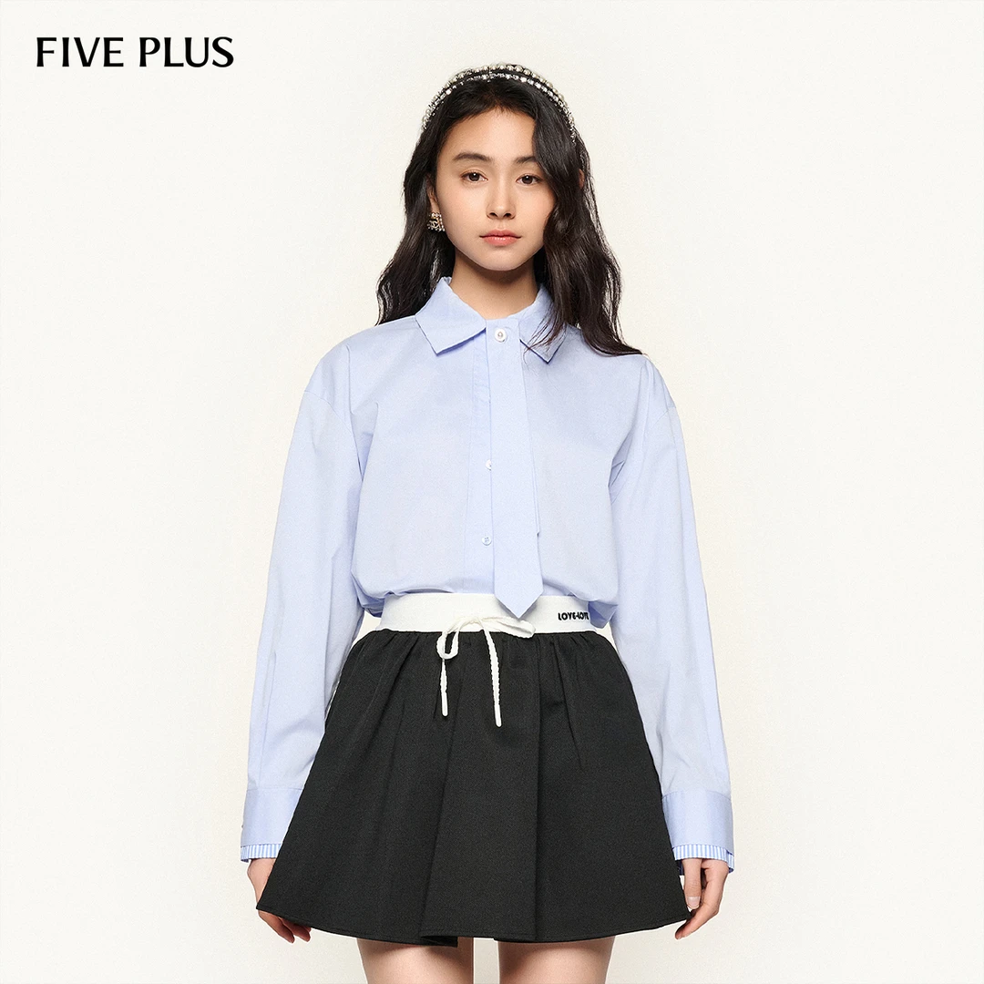 FIVE PLUS春装冰川蓝衬衫女智感通勤领带衬衣职场上衣2SE1010080