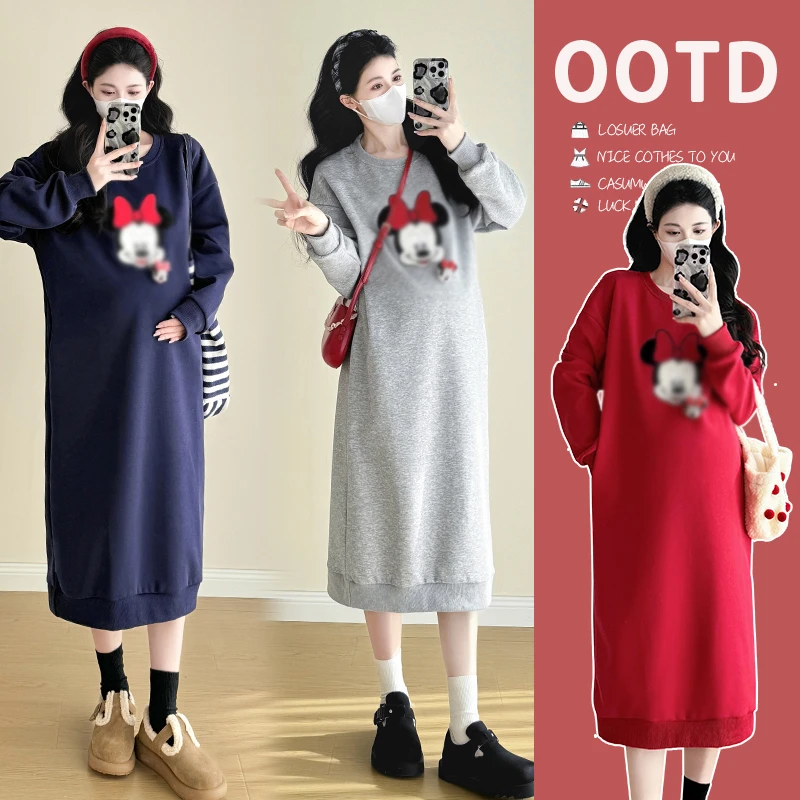 孕妇装秋装2025新款秋冬外穿卫衣连衣裙加绒加厚宽松卡通大码长裙