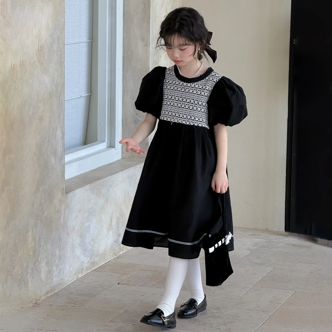LJ-71721-TBB女童连衣裙2025夏季新款韩版儿童泡泡袖连衣裙拼色潮