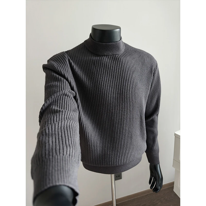 深灰色坑条纹半高领毛衣男款秋冬慵懒高级感美式复古老钱风针织衫