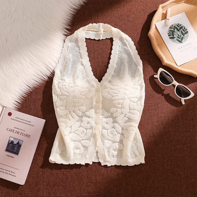 提花镂空针织挂脖吊带背心女夏外穿性感美背纯欲辣妹短款露肩上衣