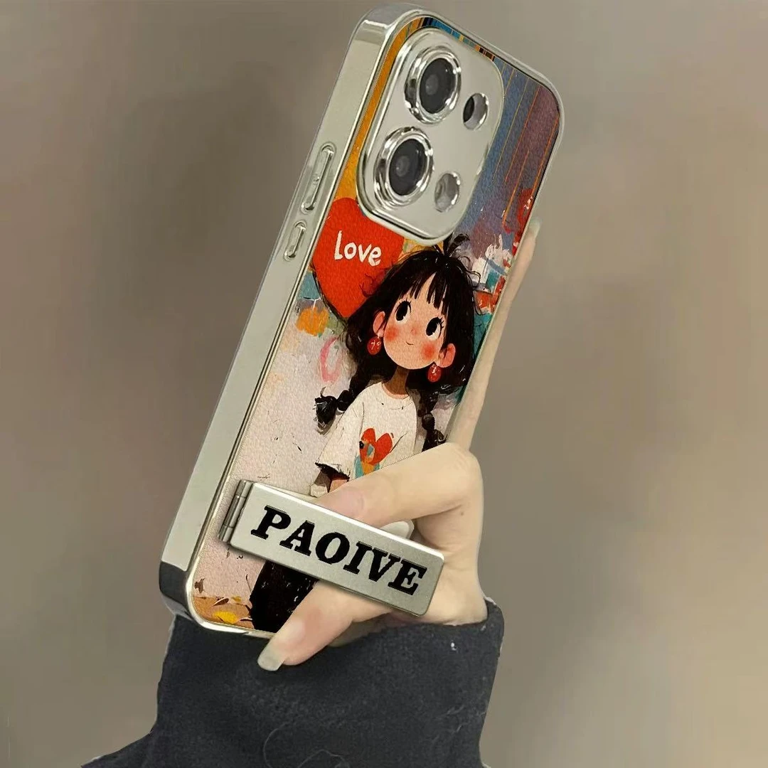 新款潮牌涂鸦女孩电镀玻璃壳贴皮手机壳高级感适用苹果16promax