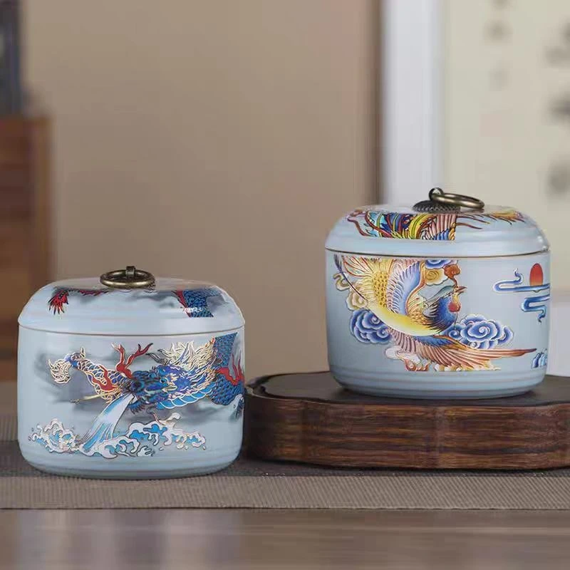 链接江崖海水龙纹+凤凰茶叶罐E534