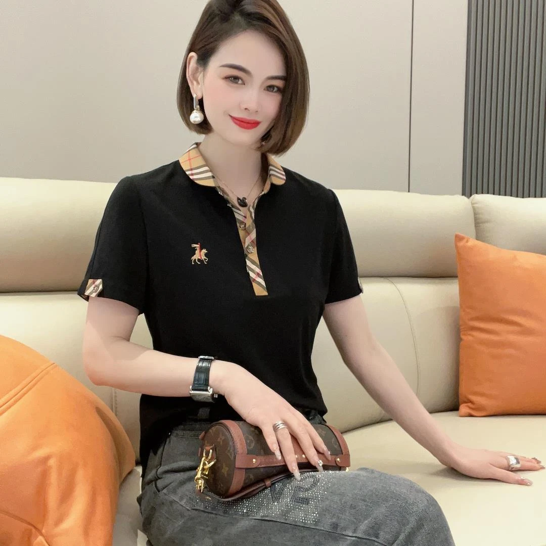 夏季新款英伦翻领格子POLO短袖女士贵系显瘦时尚百搭显瘦上衣T恤