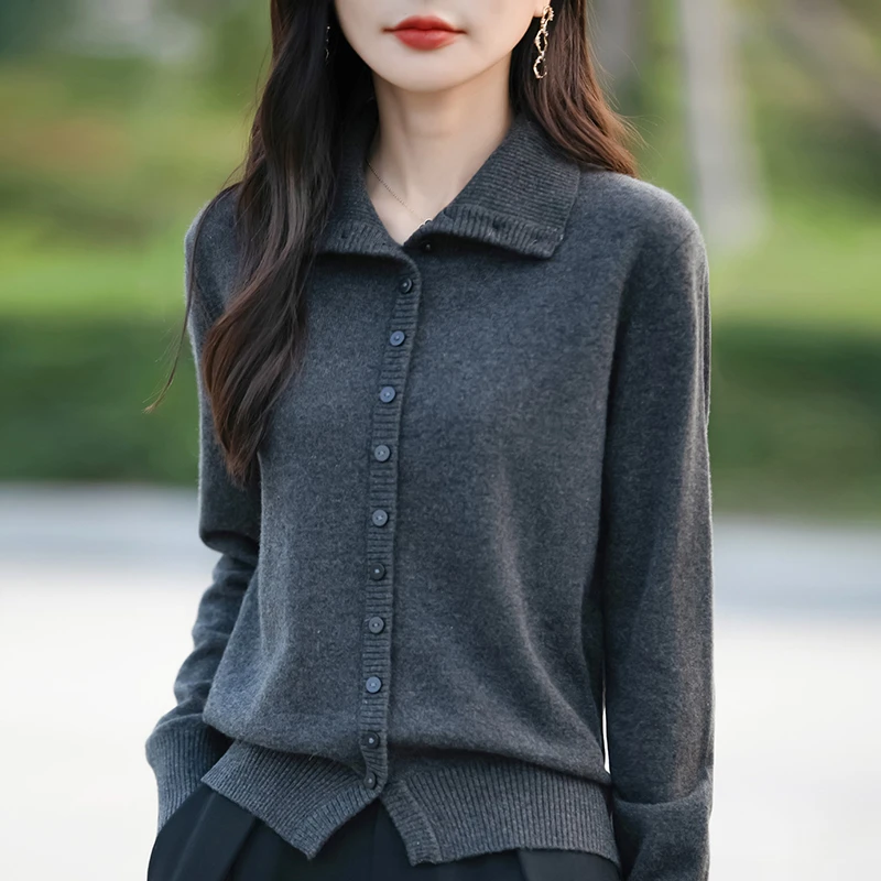 【现货宠粉】新款长袖针织衫女翻领开衫显瘦气质休闲打底纯色厚毛衣