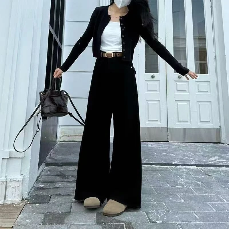 黑色高腰阔腿牛仔裤女2025秋季新款宽松显瘦小个子不贴腿微喇叭裤