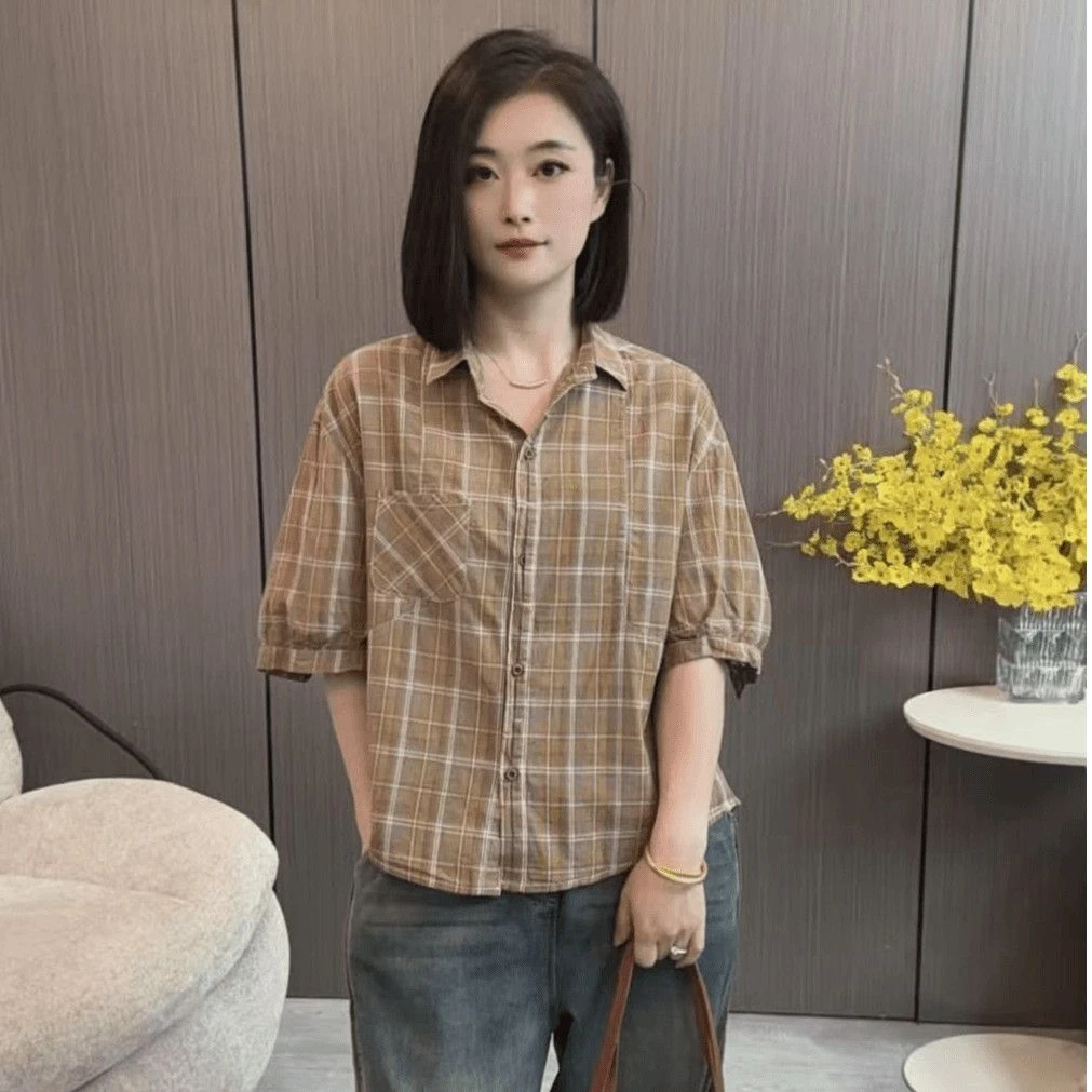 2025夏季新款时尚设计格子五分袖衬衫洋气宽松显瘦遮肚开衫上衣女