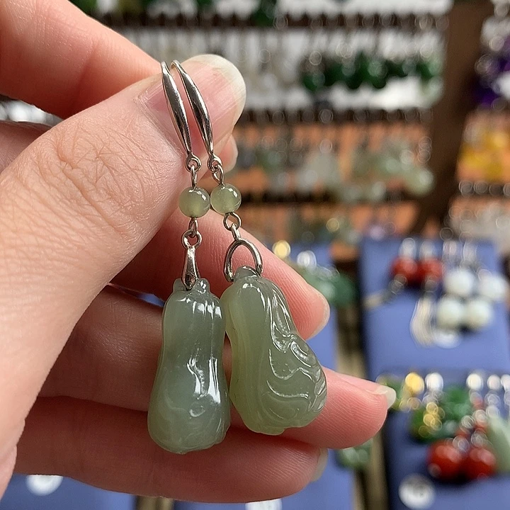 和田玉银S925镶嵌耳饰白菜22左右湖水绿