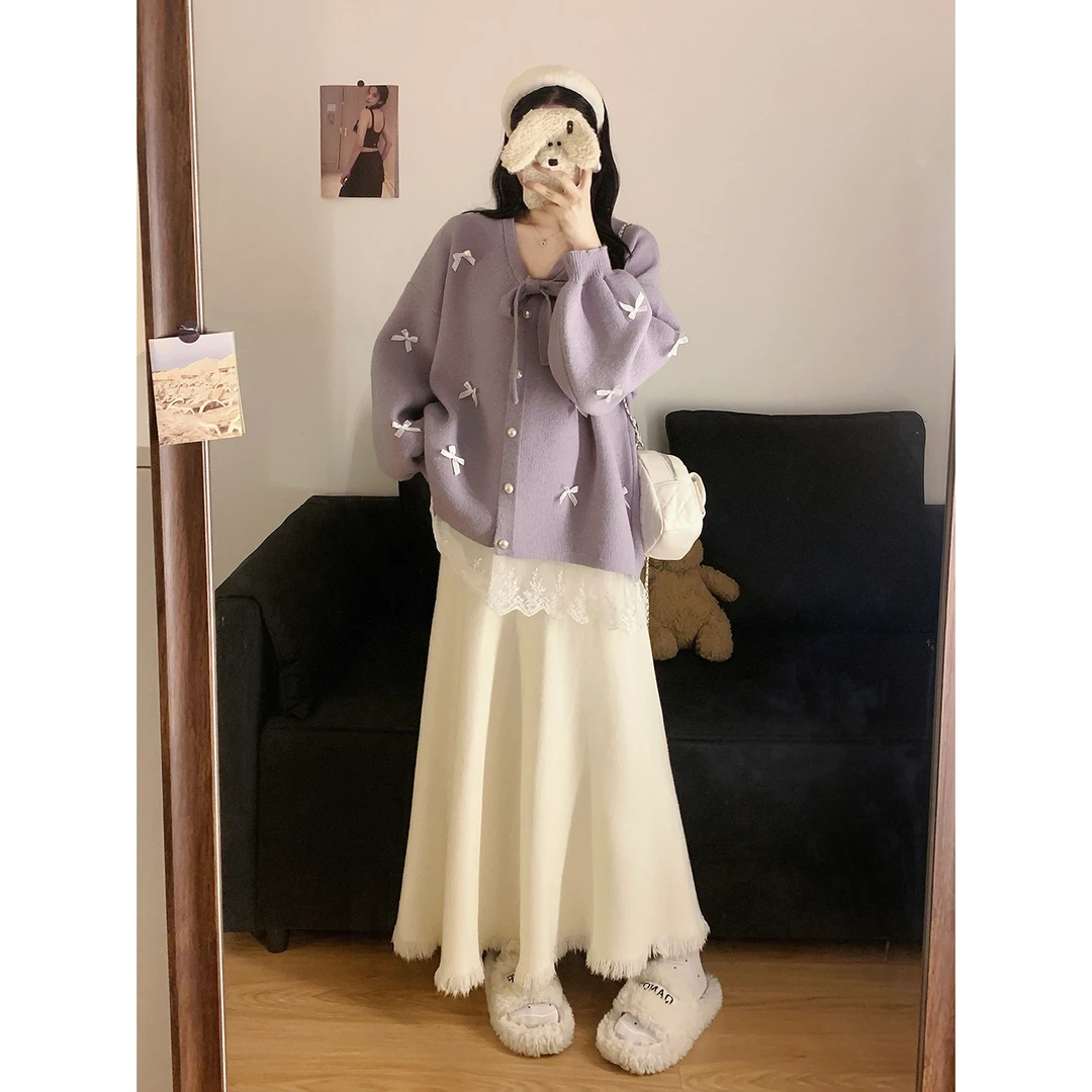 大码韩系氛围感套装裙女秋冬蝴蝶结蕾丝针织毛衣胖MM半身裙两件套