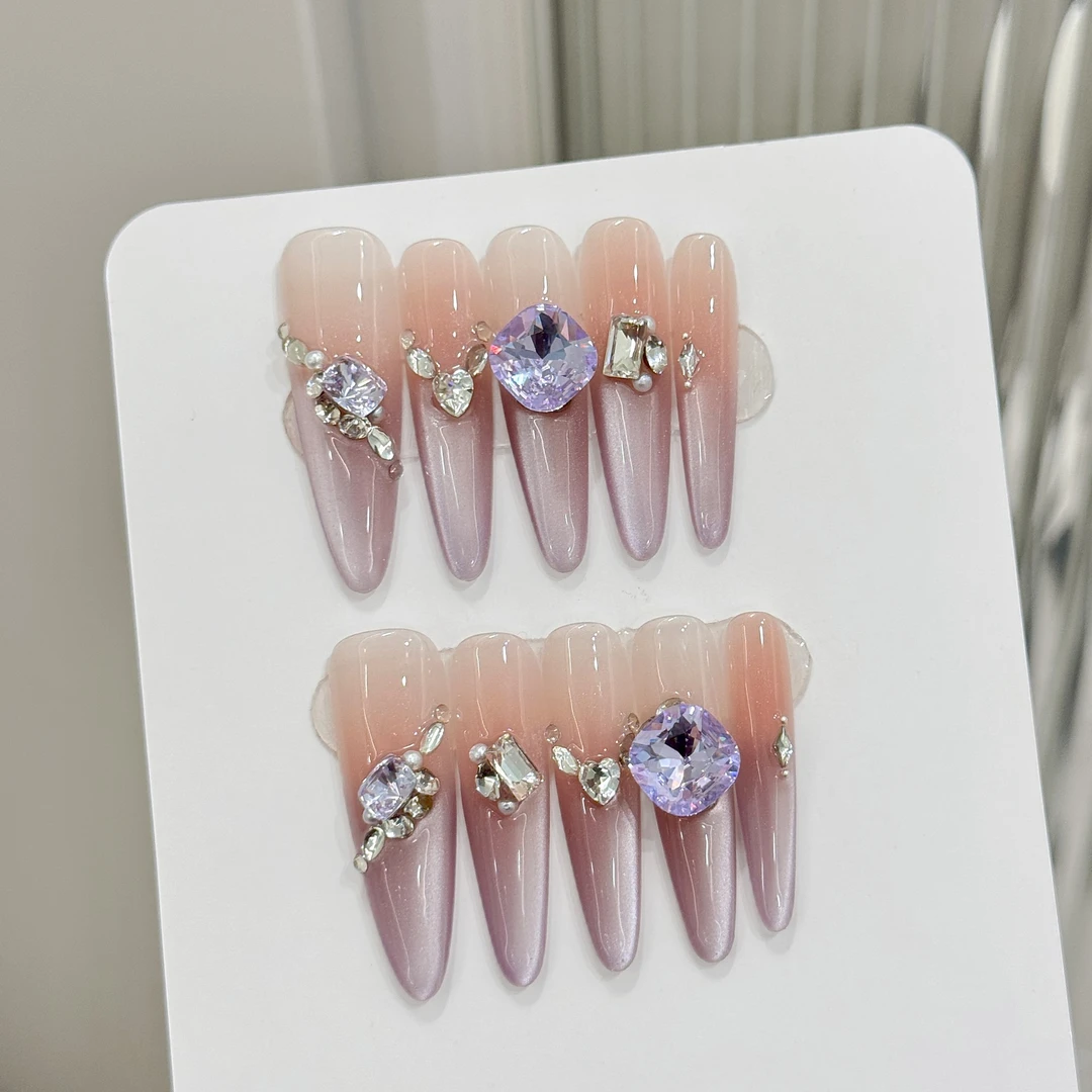 【云纱黎雾】419轻奢感渐变紫色碎钻猫眼美甲高级感纯欲手工穿戴甲