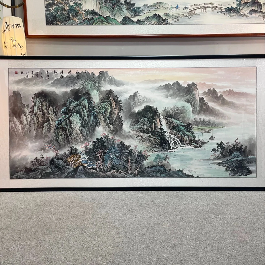 纯手绘-青山不墨【238*108】国画山水画客厅办公室挂画字画直播间