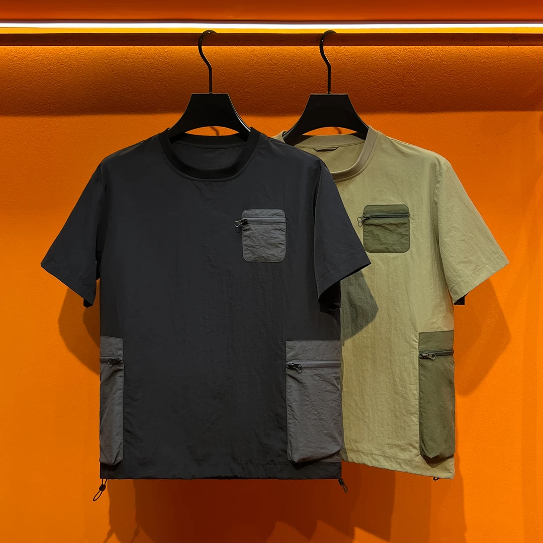 美式潮牌设计感拉链口袋短袖t恤男宽松拼接工装复古机能夏季