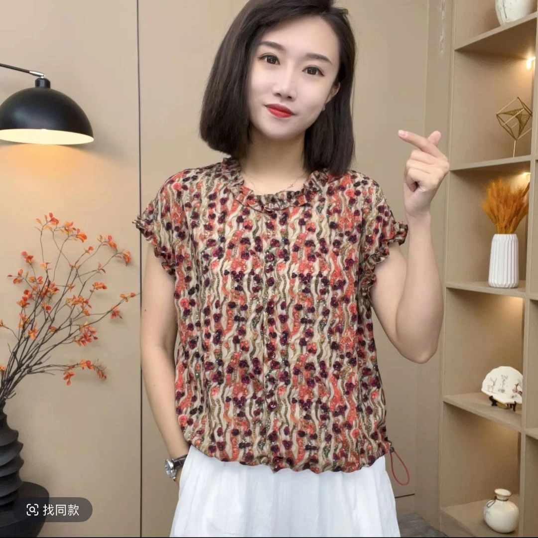 爆款2025夏季新款时尚洋气减龄碎花薄款透气短袖小衫