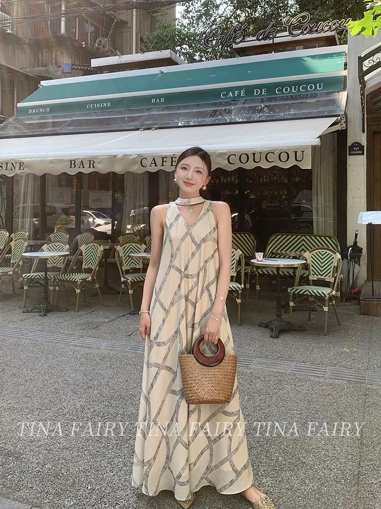 tina fairy/真丝亚麻线条挂脖连衣裙