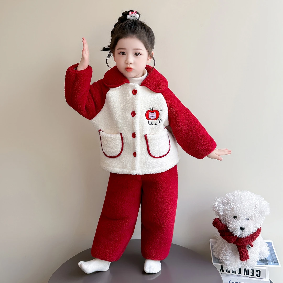 女童加厚睡衣套装冬款2025新款女孩宝宝法兰绒保暖家居服开衫冬装