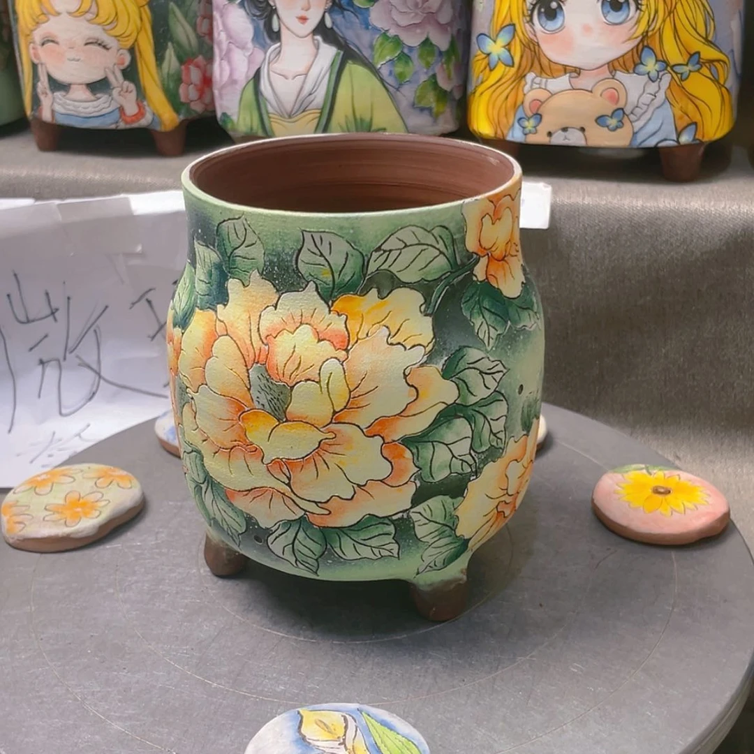【闪购商品】瓷片阿**简手绘多肉花盆