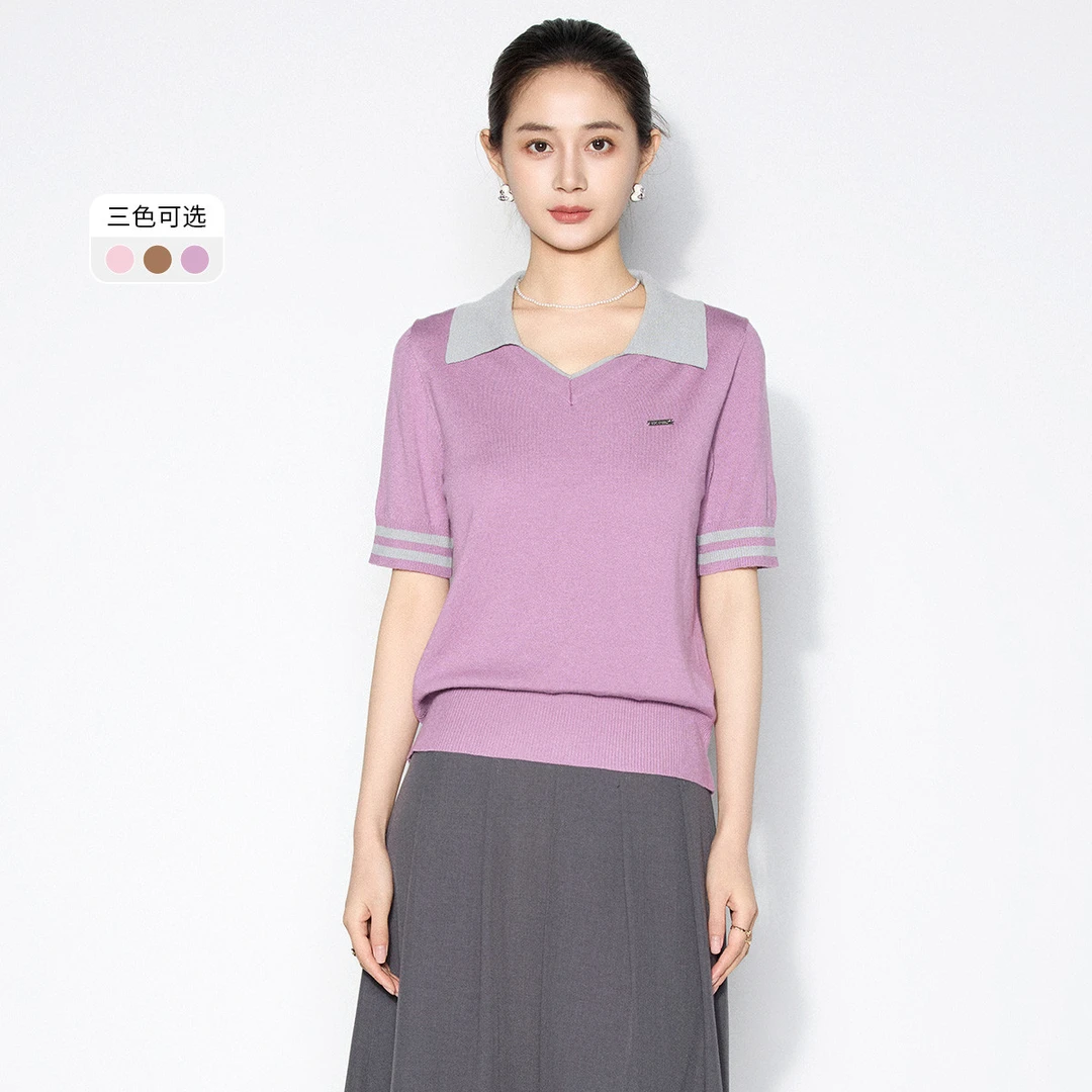 【达人专享】针织衫假襟撞色款时髦短袖办公通勤针织衫VHS770SWH0