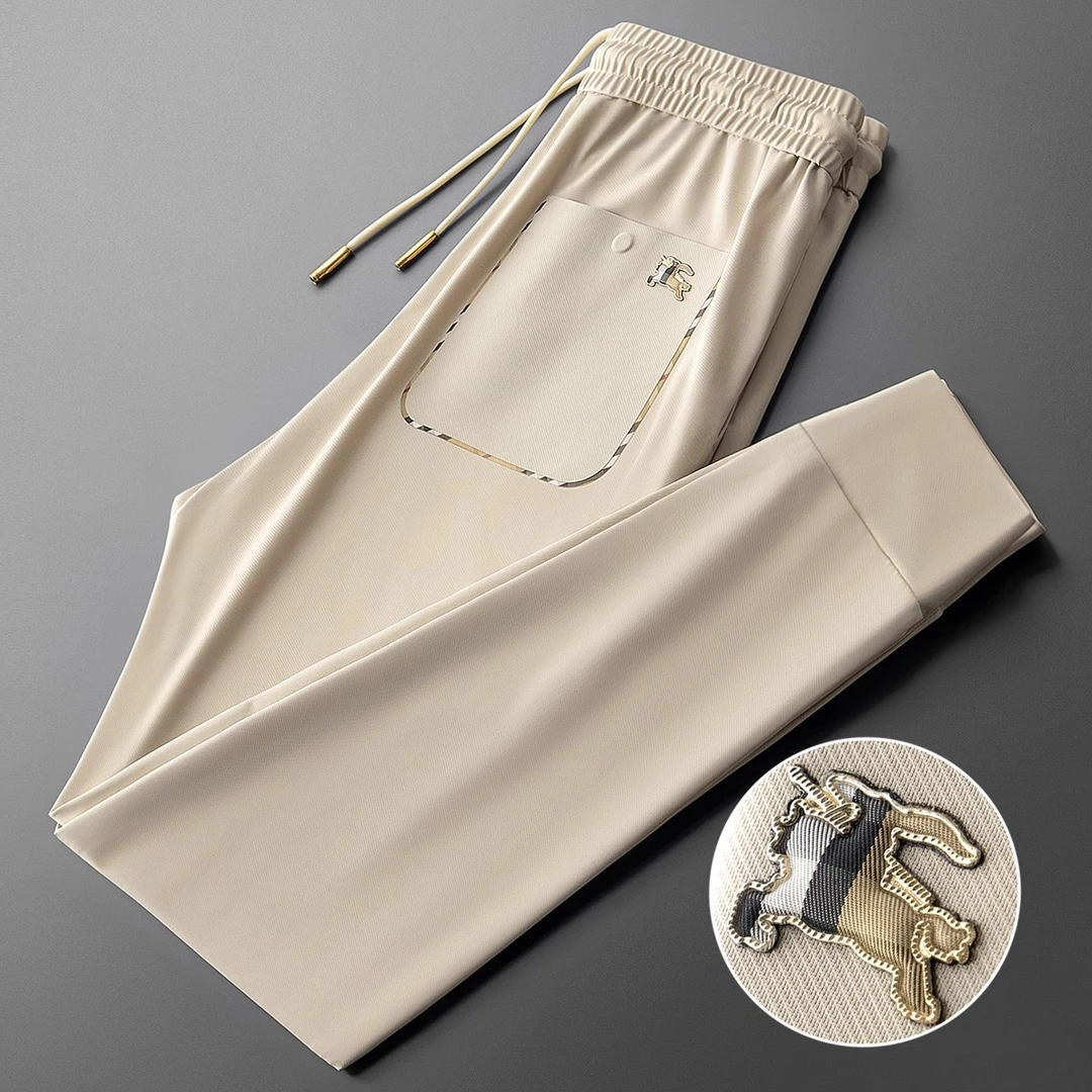 轻奢欧货战马压胶冰丝免烫弹力夏季卡其色男士修身束脚运动休闲裤
