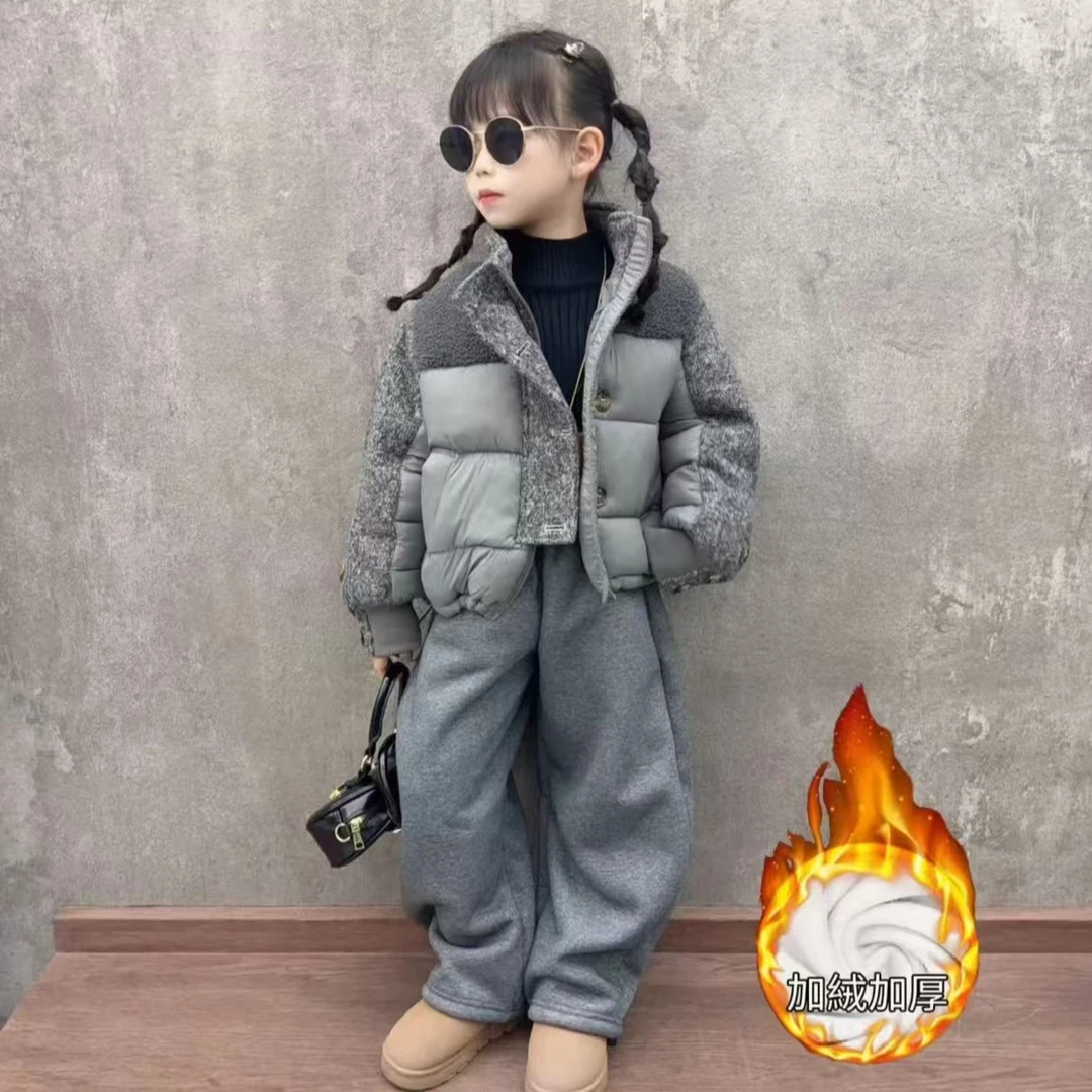 女童冬季新款套装女孩韩系羊羔毛拼接棉服时髦加绒弯刀裤两件套