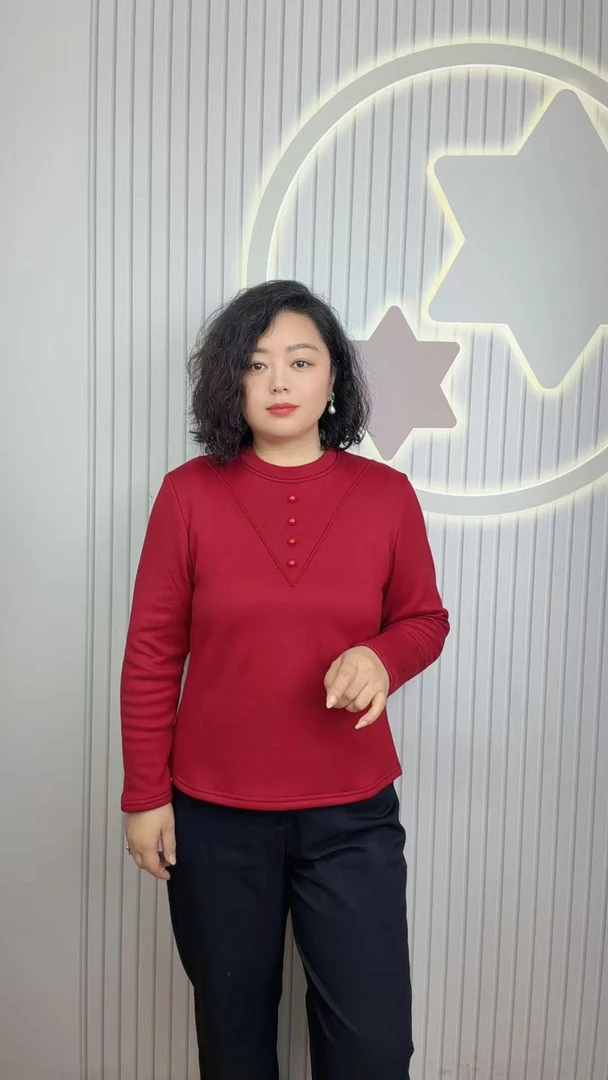 冬季德绒加厚遮肉显瘦百搭内搭外穿长袖圆领妈妈红色女士上衣