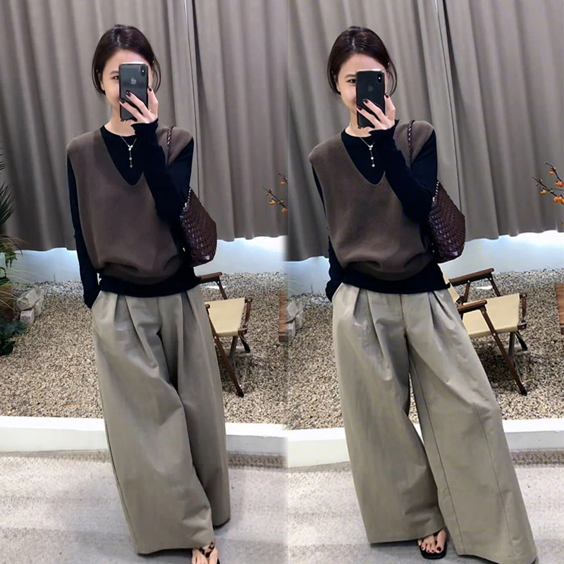 2025秋季新款设计感无袖V领背心马甲女打底衫休闲阔腿裤三件套装