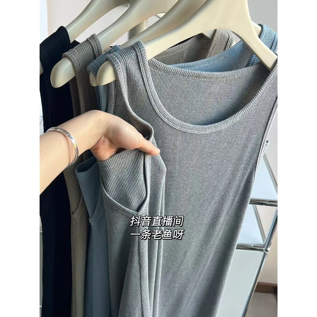 M 夏季无袖华夫格连衣裙女 防走光休闲裙