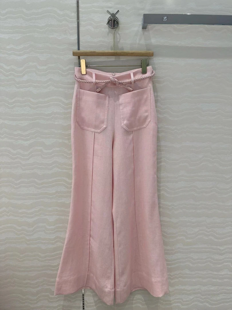 新款编织腰带亚麻长裤