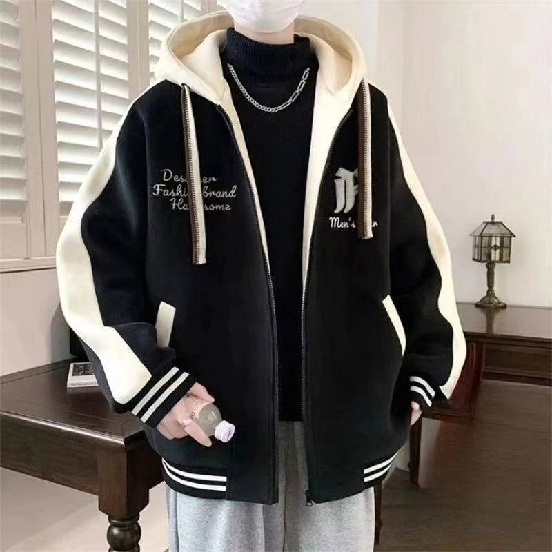 港风棒球服连帽外套男春秋季休闲潮流新款大码宽松百搭帅气夹克潮