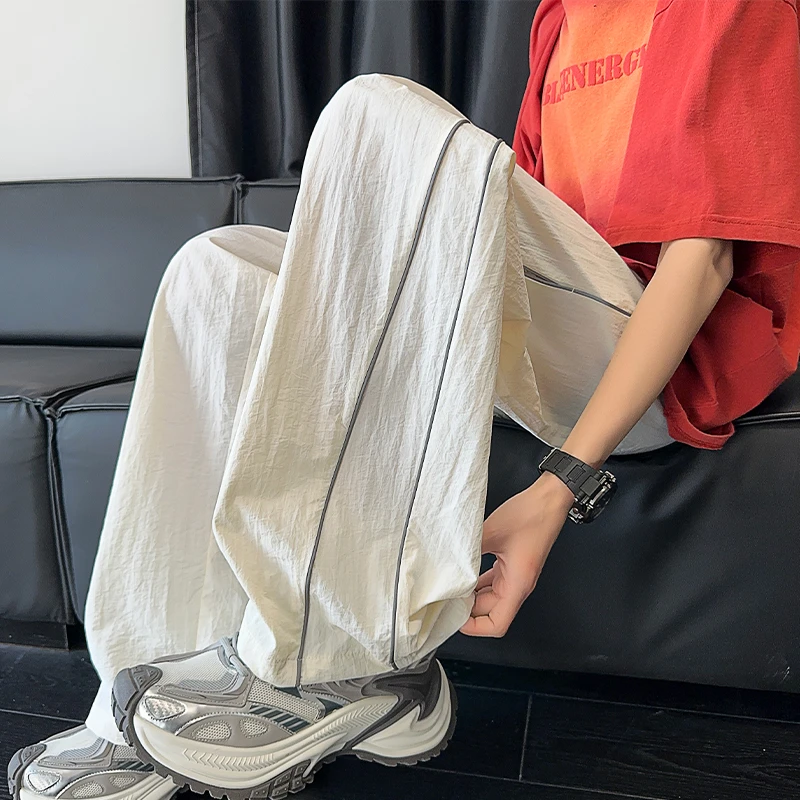 白色辑明线速干裤子男夏季薄款潮牌运动阔腿裤美式直筒宽松休闲裤