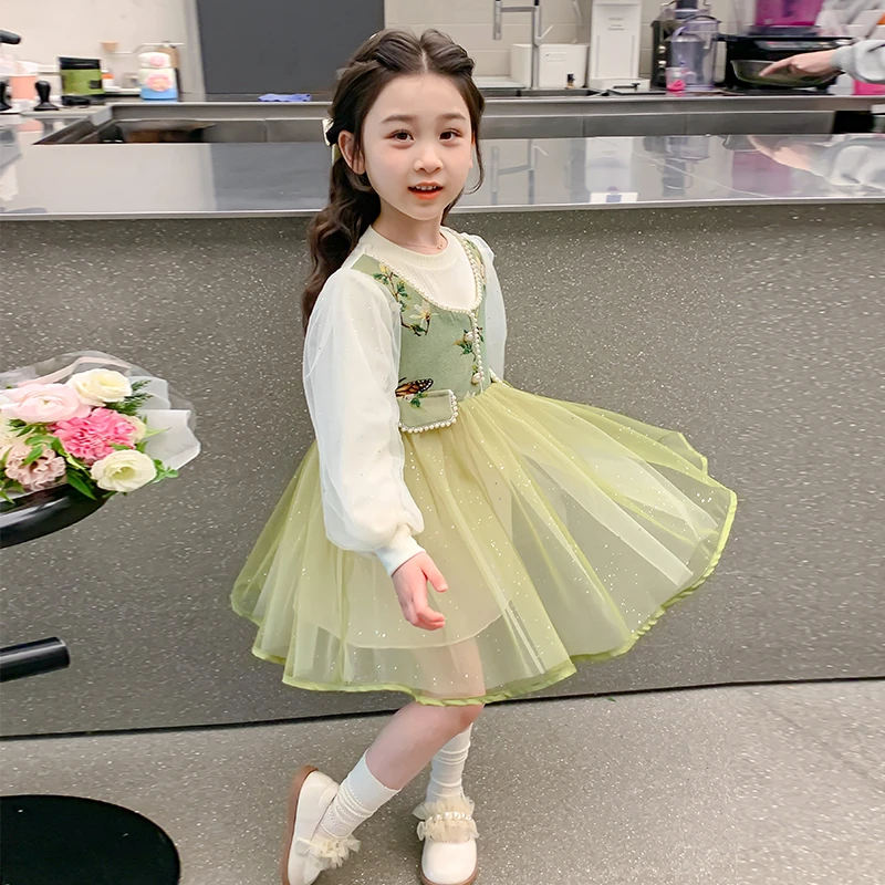 女童秋季长袖连衣裙2025新款儿童小香风网纱公主裙女宝宝法式裙子