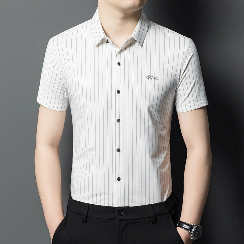 男士高档条纹短袖衬衫夏季商务休闲时尚冰丝无痕轻奢修身潮流衬衫