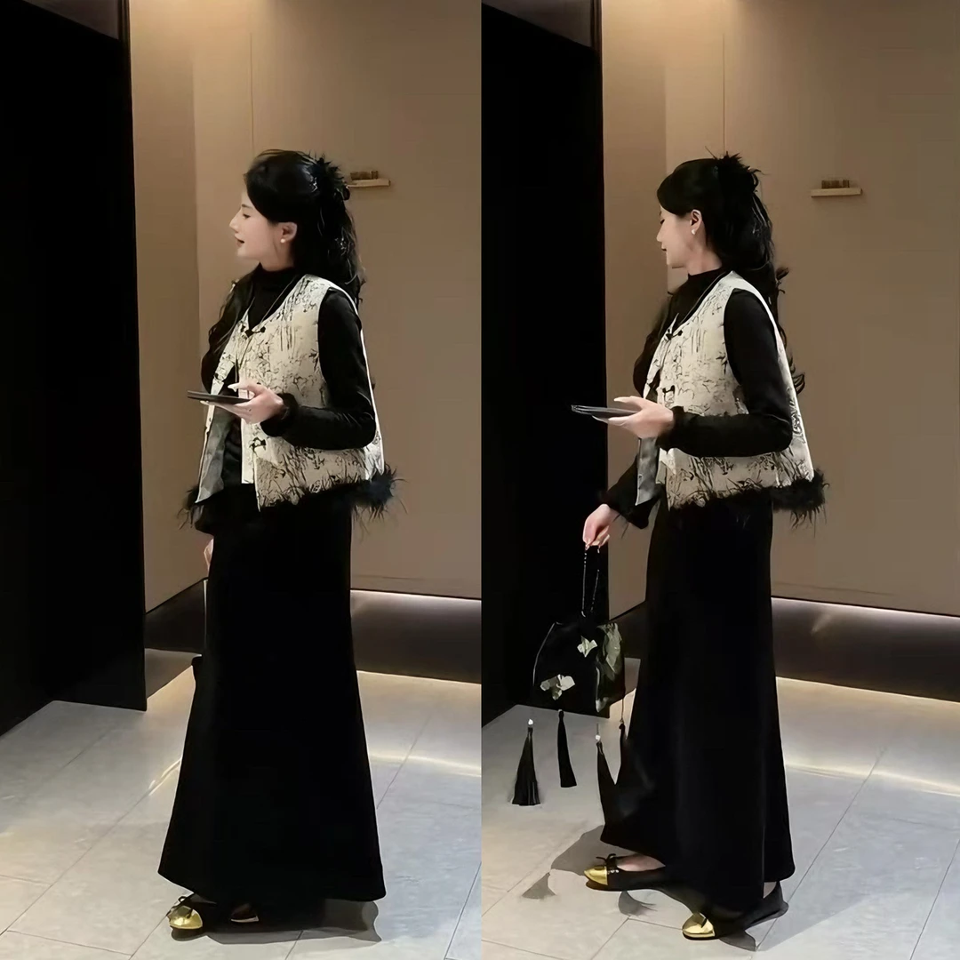 入冬搭配一整套新中式国风盘扣夹棉马甲叠穿打底衫半身裙三件套装