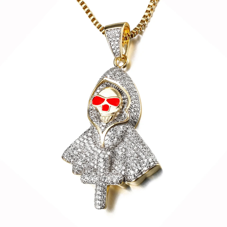 铜锆石吊坠 欧美跨境骷颅头幽灵吊坠项链嘻哈满钻镶嵌坠链饰品男
