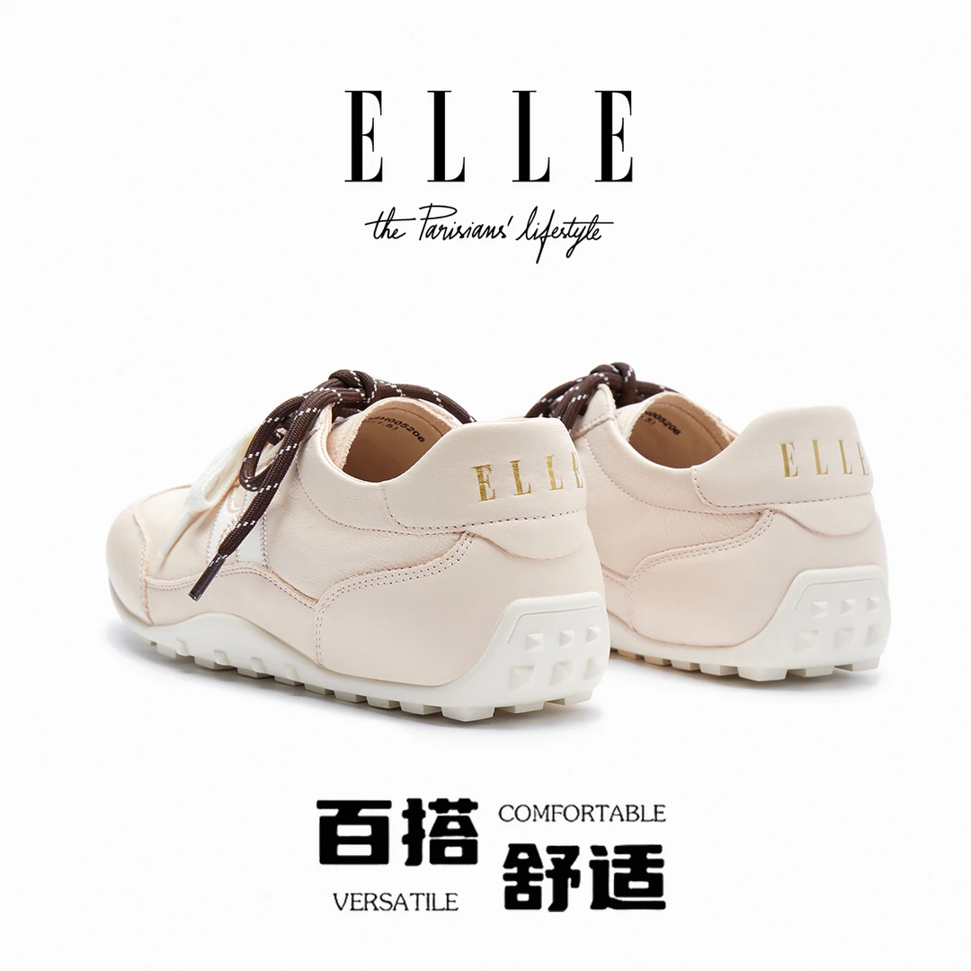 ELLE德训鞋女2025新款粉色真皮平底双鞋带运动透气甜美休闲阿甘鞋