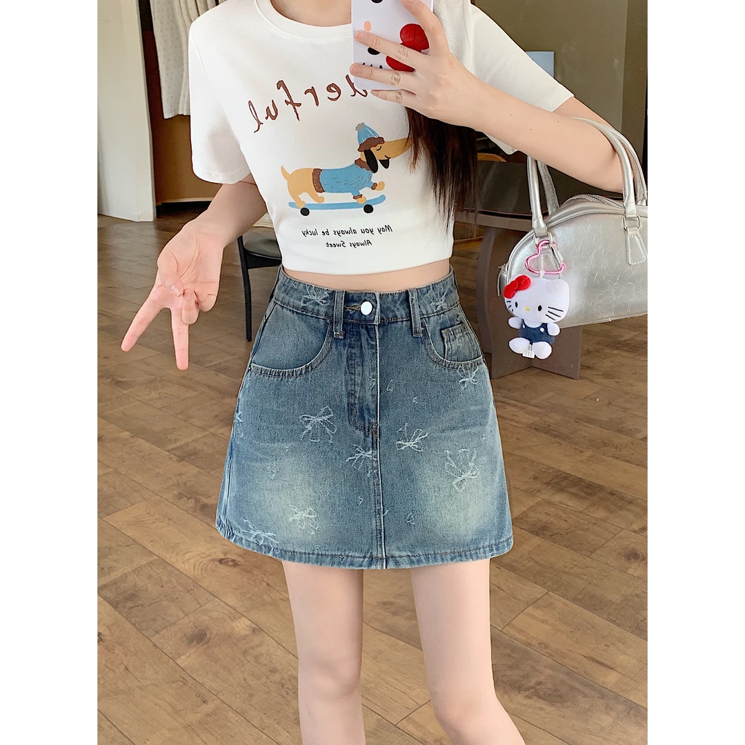 【红姐定制】2025夏季大码女辣妹蝴蝶结牛仔半身裙防走光裙裤66130