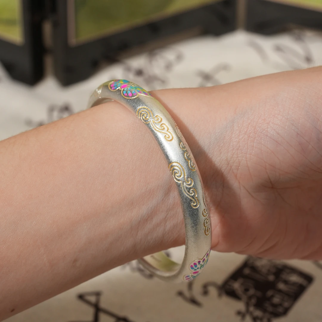 足银珐琅手镯 足银手镯蝴蝶描金古法磨砂手镯新中式百搭纯银
