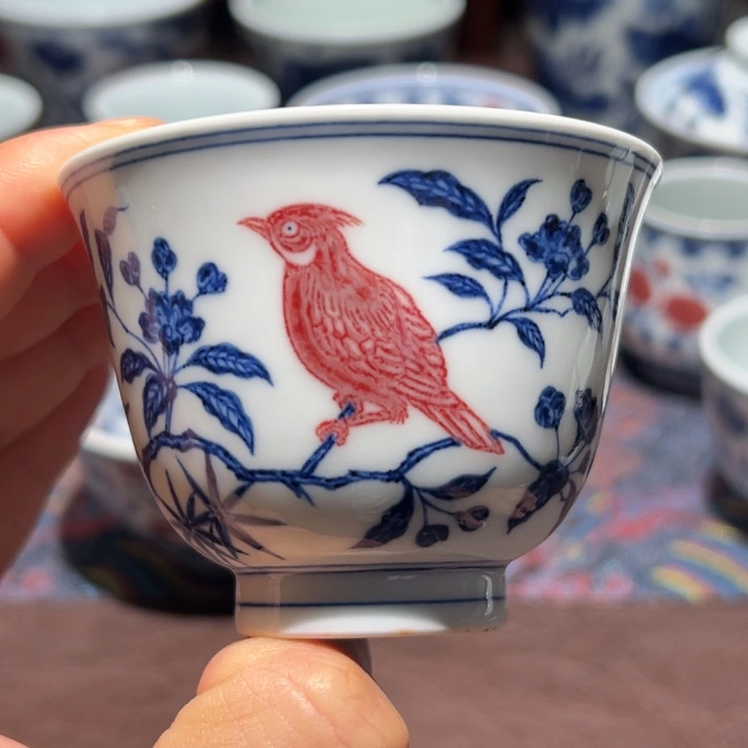 陶精品青花釉里红花鸟铃铛杯口径约7.5厘米