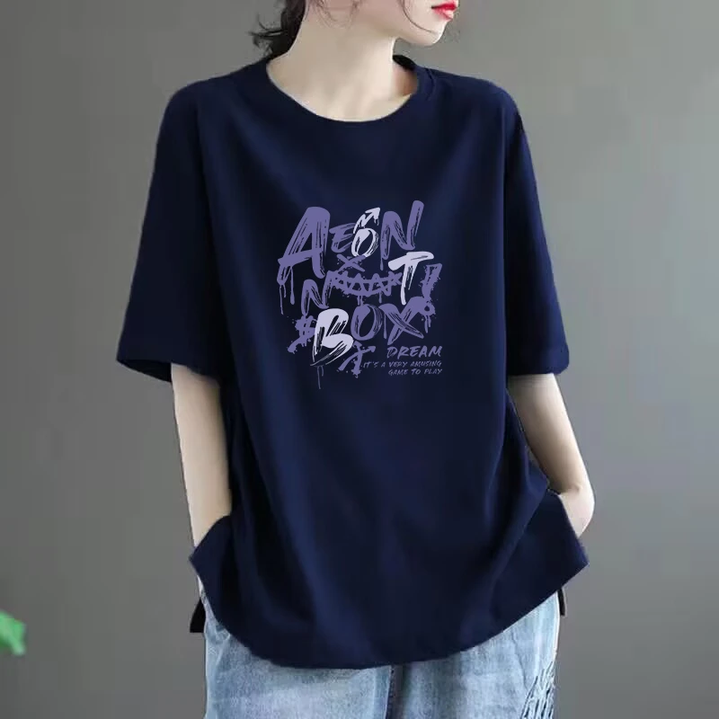 100%棉短袖T恤女夏季妈妈大码减龄宽松显瘦洋气休闲半袖字母上衣