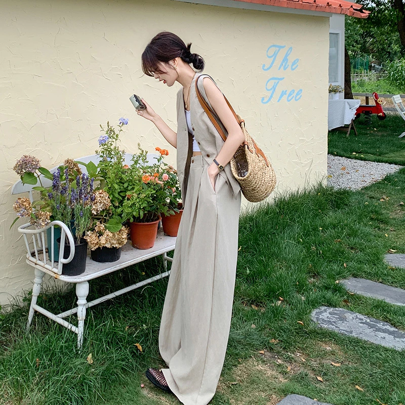 复古气质老钱风马甲套装女夏季2025新款高级感阔腿裤松弛感两件套