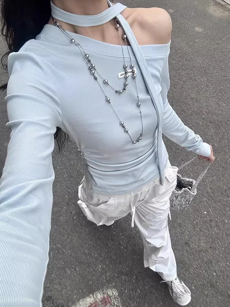 【现货+运费险补贴】早秋甜美温柔气质斜肩长袖T女韩系穿搭修身上衣