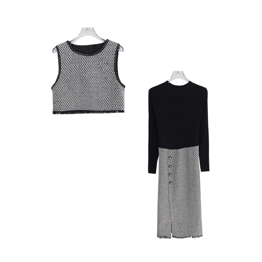 时尚高级感法式优雅风马甲修身打底裙套装S3028