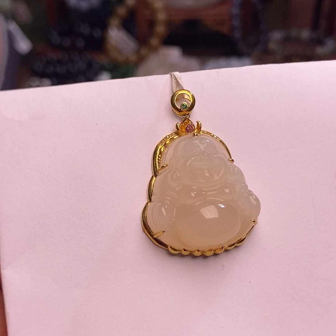 和田玉未镶嵌颈饰藕粉老熟料金镶佛公