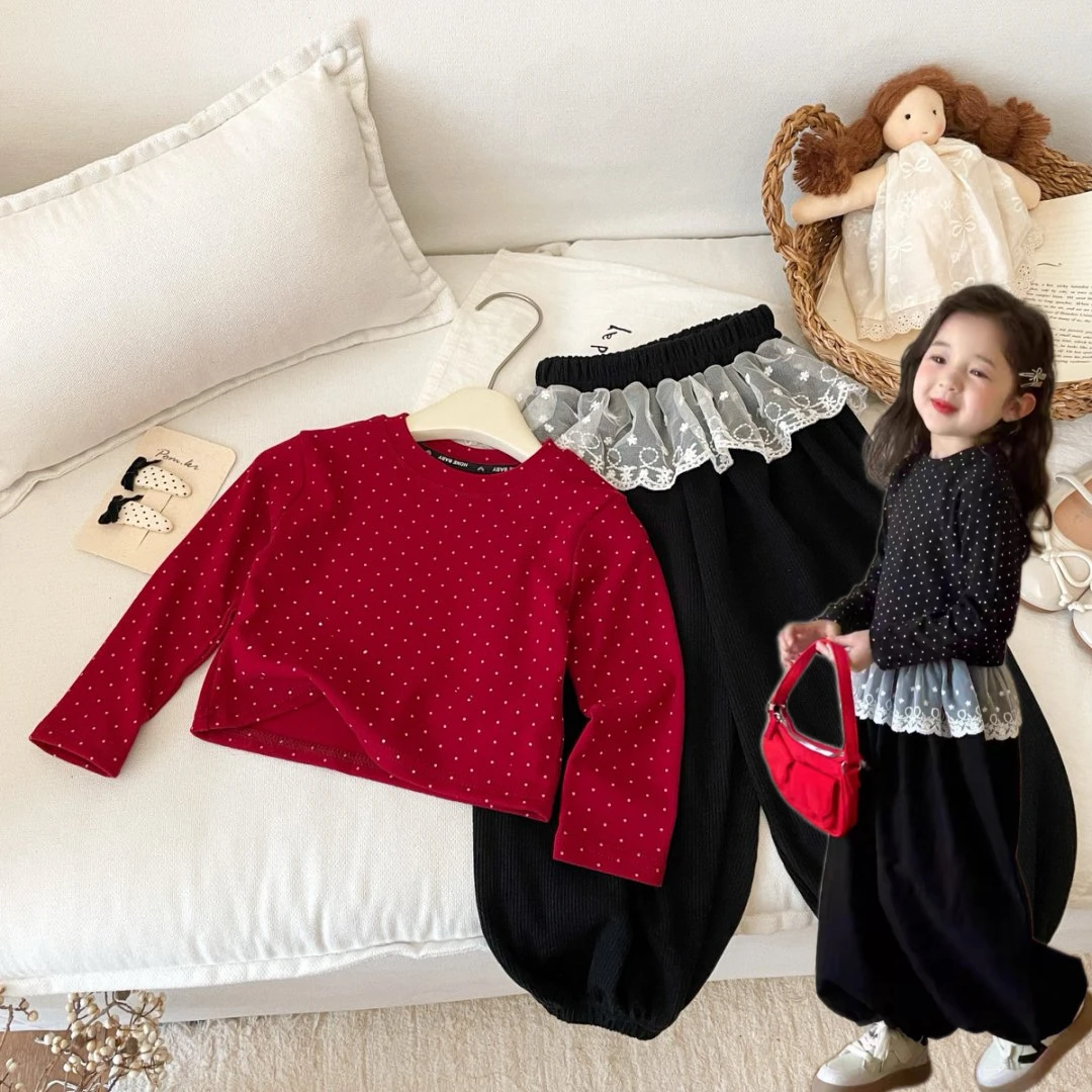 2025新款秋季波点女童套装波点上衣配蕾丝裤可爱洋气舒适韩版潮