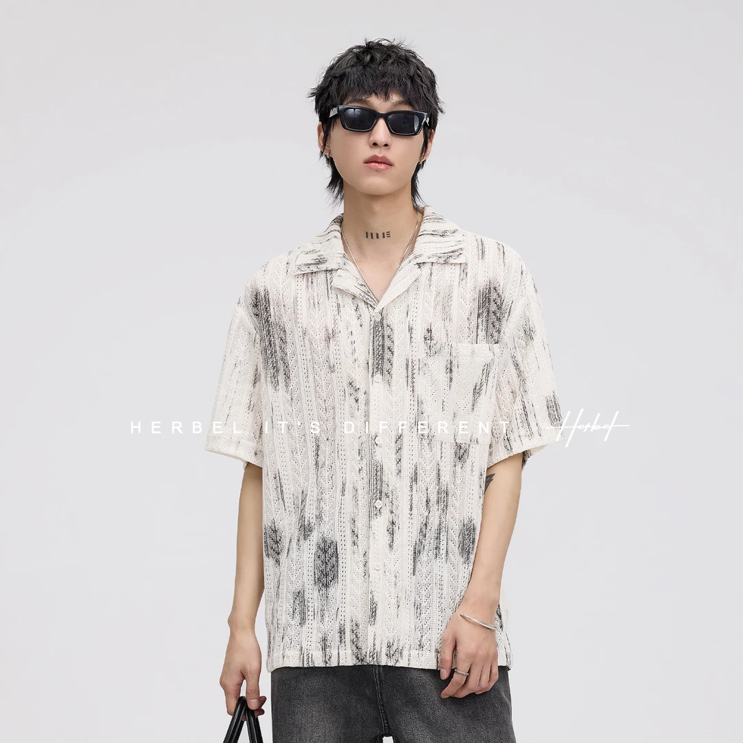 HERBEL/黑白夏季短袖外套休闲潮流衬衫男款爆款男生衬衫