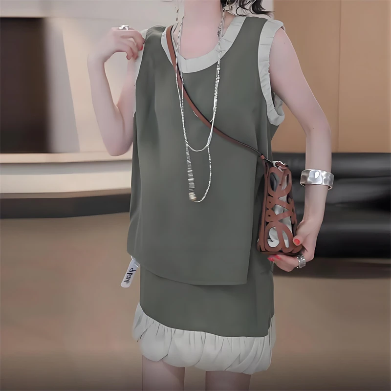 无袖背心上衣百搭花苞短裙套装女夏季新款撞色宽松休闲时尚两件套