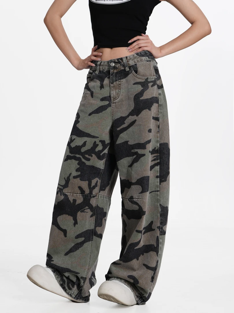 狮狮【热辣滚烫】美式复古中高腰宽松阔腿迷彩百搭牛仔裤XR11093